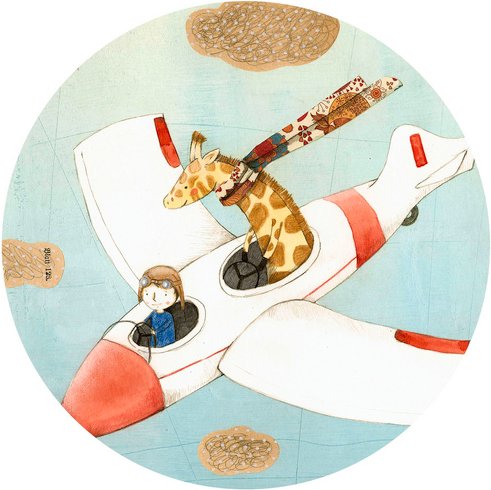 K&L Wall Art Vliestapete »Runde Vliestapete«, Loske Flugzeug Giraffe Kinder, mehrfarbig, matt - bunt