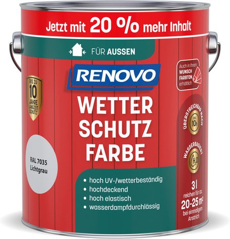 RENOVO Wetterschutzfarbe, wb 3,0L lichtgrau RAL 7035 Aktion +20 Proz.