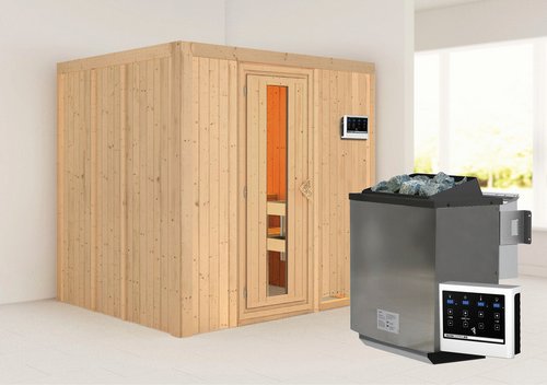 KARIBU Sauna »Rakvere«, inkl. 9 kW Bio-Kombi-Saunaofen mit externer Steuerung, für 3 Personen - beige
