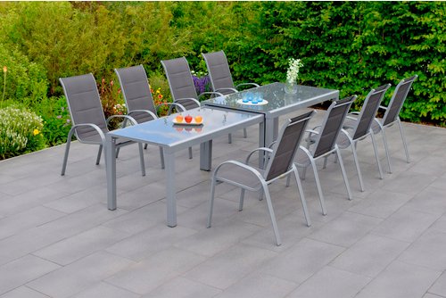 MERXX Gartenmöbelset »Amalfi«, 9-tlg., stapelbar/verlängerbar, Aluminium/Textil - grau
