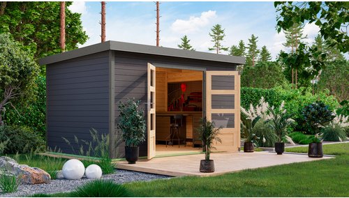 KARIBU Gartenhaus »Haby 7 B«, BxHxT: 390 x 219 x 240 cm (Außenmaße inkl. Dachüberstand), Wandstärke 28 mm - grau