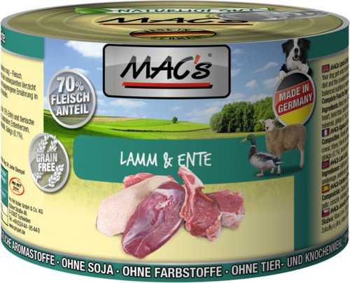 MAC'S Hunde-Nassfutter, Lamm/Ente, 6 Dosen