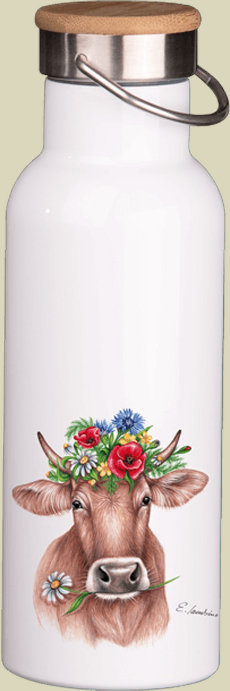 Thumbnail - Thermosflasche mit Bambusdeckel 750 ml weiß Blumenkuh