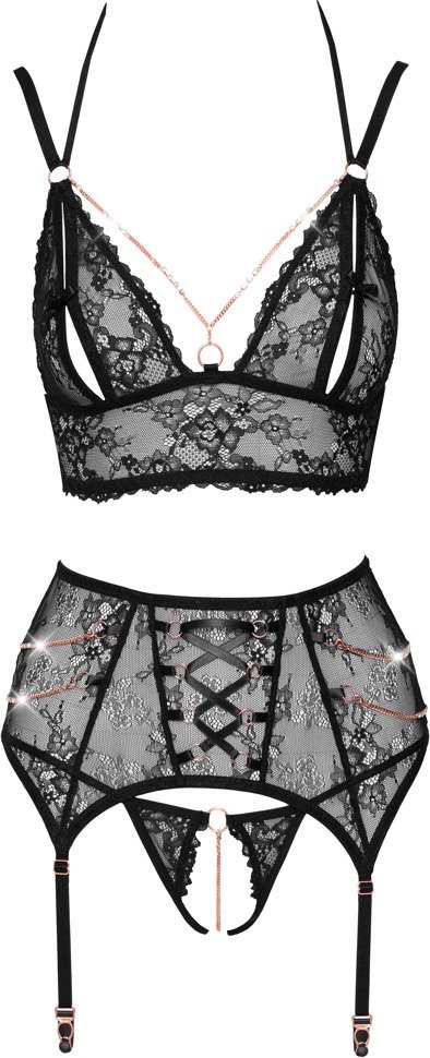 3-teiliges Straps-Set aus Spitze mit Strasskettchen-Besatz