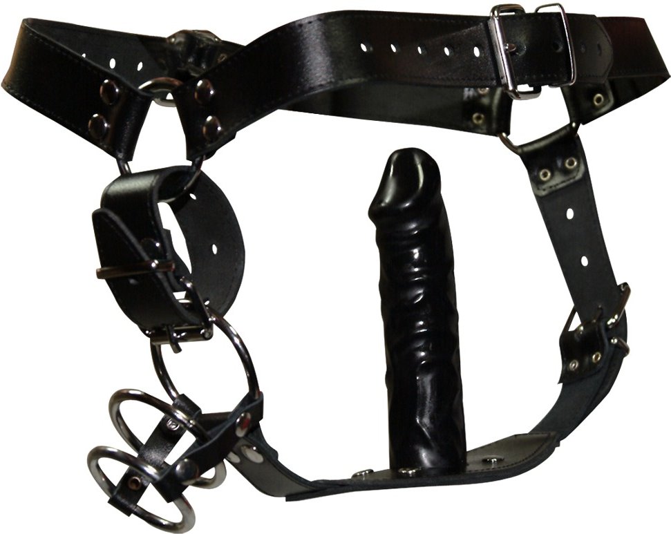 Riemen-String aus Leder mit Penis-/Hodenringen & Analdildo innen