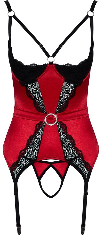 Strapshemd plus String ouvert aus rotem Stretch-Satin mit schwarzer Spitze