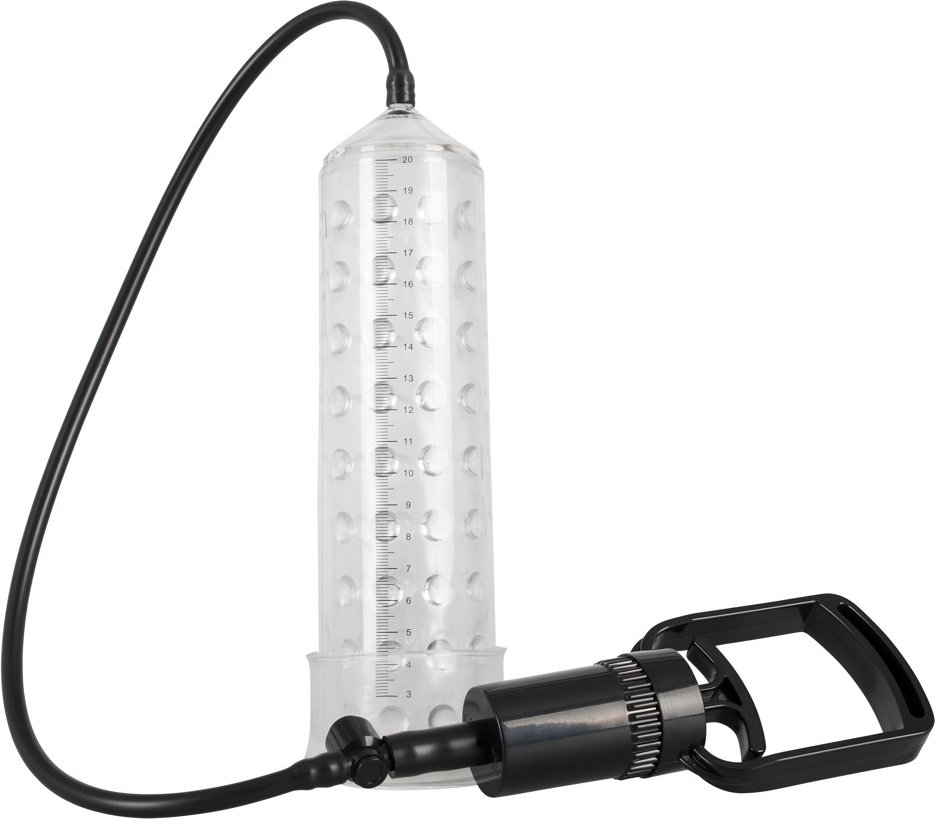 Penispumpe mit Zweifinger-Pumpgriff, Messskala und Noppen-Sleeve