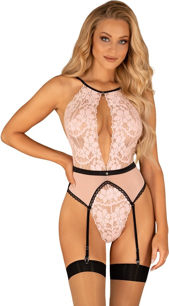 Body mit Strapsen “Lilines“ aus Spitze und Powernet, elastisch