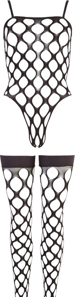 Body plus halterlose Strümpfe aus elastischem Grobnetz