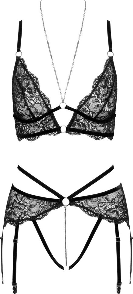 Bralette plus Straps-String ouvert aus Spitze mit Samtdetails