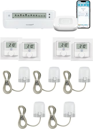 Homematic IP Smart Home Set Raumklima mit Access Point 2, Fußbodenheizungscontroller, 4 Wandthermostate und 5 Stellantri...