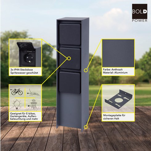 ABANO Steckdosensäule 3-fach, Aluminium, IP44, Anthrazit