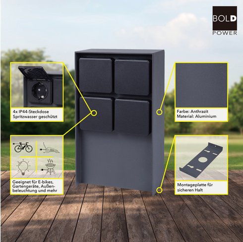 ABANO Steckdosensäule 4-fach, Aluminium, IP44, Anthrazit