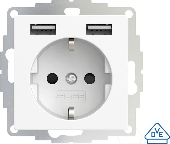 2USB Schutzkontakt-Steckdose mit 2 USB-Ports, reinweiß matt, 55 x 55 mm, VDE zertifiziert