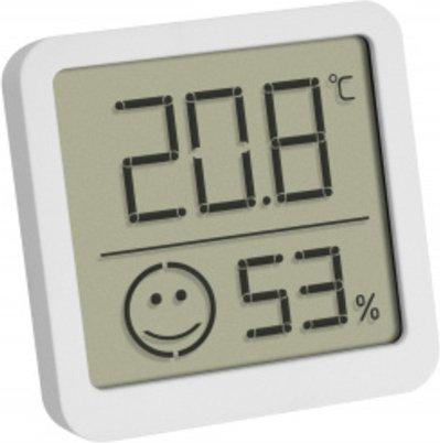 TFA Thermo-Hygrometer mit Smiley-Klimakomfortanzeige, Raumtemperatur, Luftfeuchte (rH), weiß