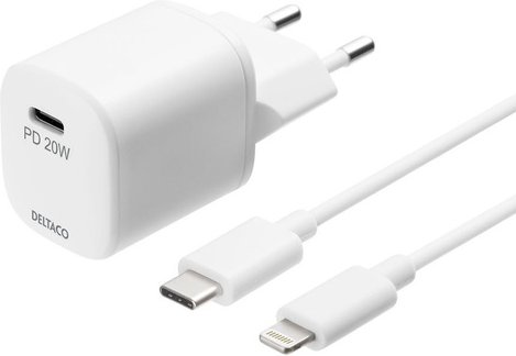 Deltaco USB-C-Schnell-Ladegerät USBC-AC141, 20 W mit USB-C auf Lightning-Kabel, MFi