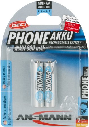 Ansmann Telefon-NiMH-Ersatzakku, ready2use, Micro AAA, 800mAh,HR03, 2er-Pack