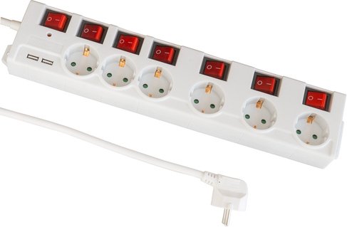 Thumbnail - FeinTech 6-fach Steckdosenleiste mit Überspannungsschutz, einzeln schaltbar, 2x USB-A, 1,4 m Kabel