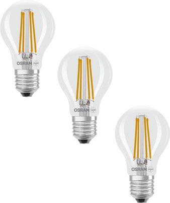 Osram LED Classic A 60, Filament, EEK A, 3,8 W, 806 lm, E27, warmweiß, klar, 3er Pack