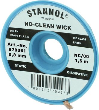 Stannol No-Clean Entlötlitze, ESD-verpackt, 1,5 m lang, 0,8 mm breit