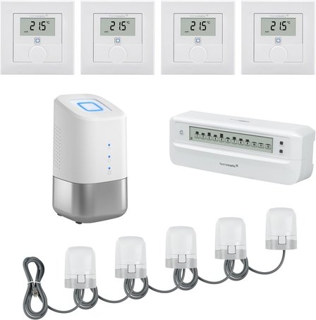 Homematic IP Set mit Home Control Unit, 5x Stellantrieb, 4x Wandthermostat, 1x Fußbodenheizungscontroller