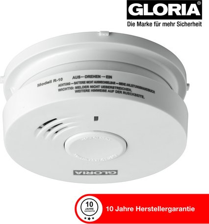 GLORIA Rauchwarnmelder R-10, 10-Jahres-Lithium-Batterie, 10 Jahre Herstellergarantie, Q-Label