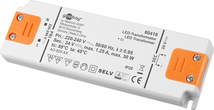 goobay LED-Netzteil / LED-Trafo, 30 W, 24 V DC, 1,25 A, Konstantspannung, IP20, ultraflach