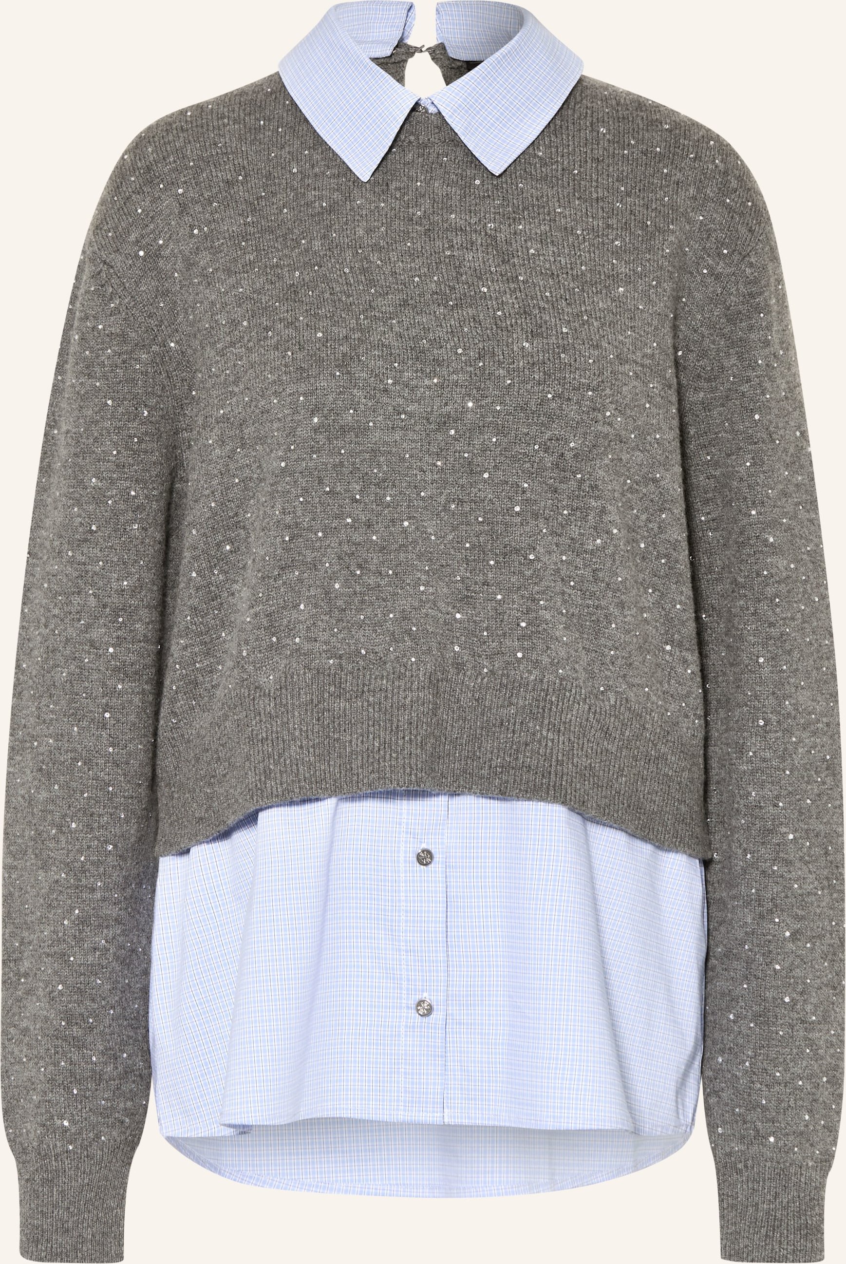 Maje Pullover Im Materialmix Mit Schmucksteinen grau