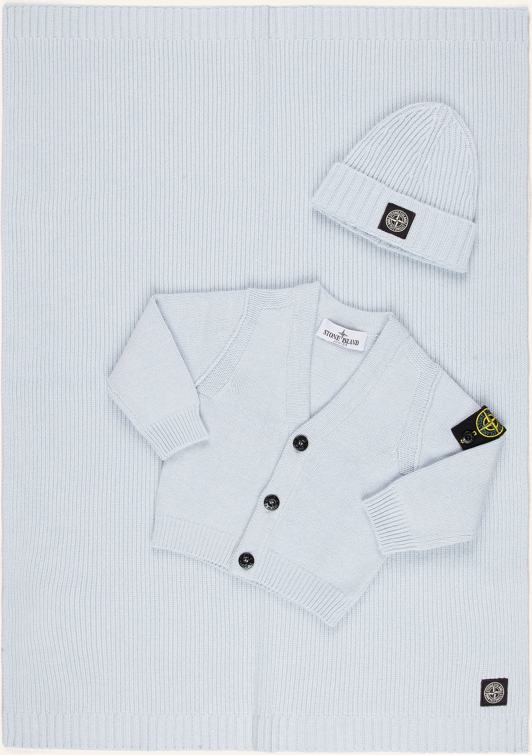 Stone Island Junior Set: Strickjacke, Plaid Und Mütze blau