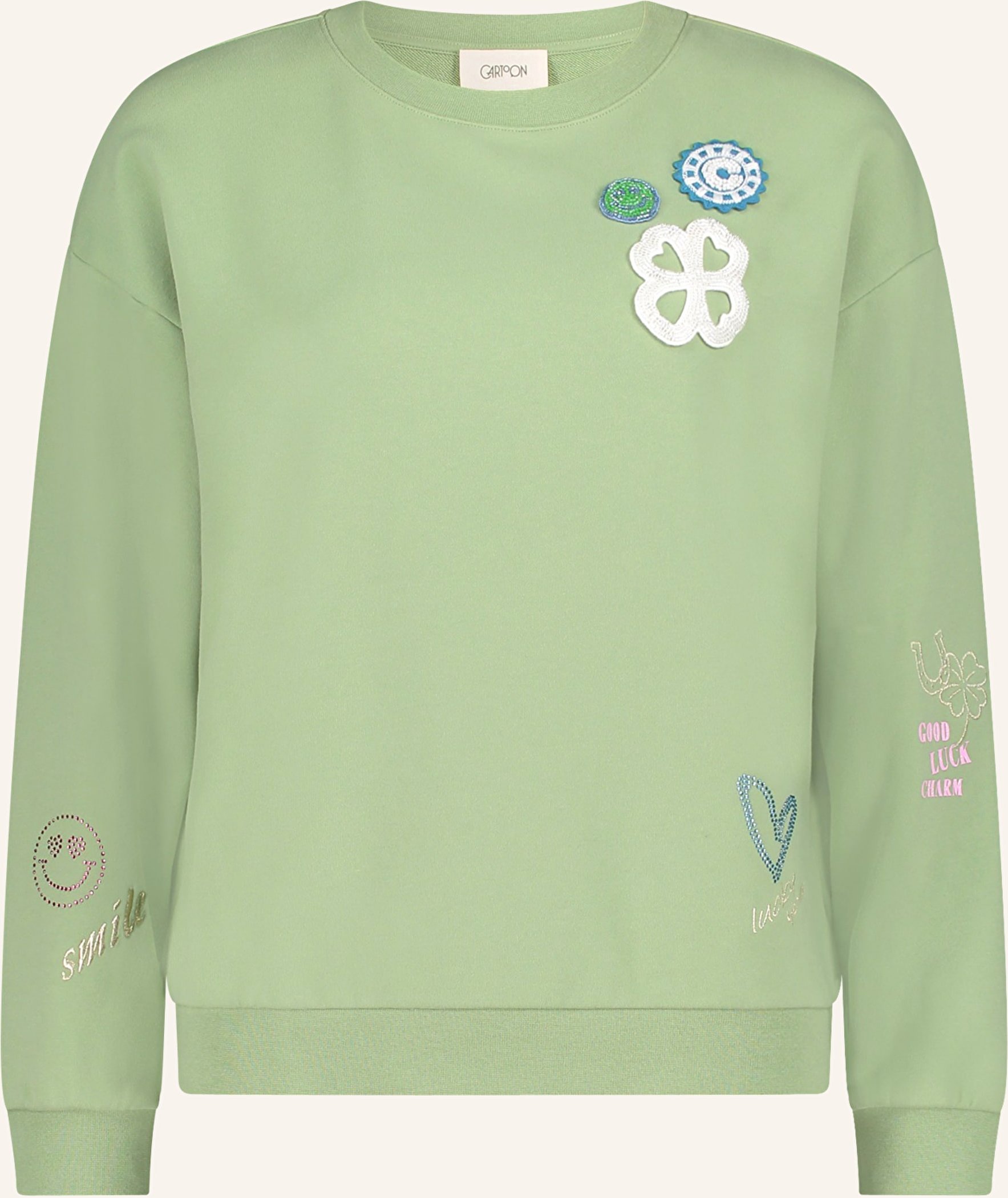 Cartoon Sweatshirt Mit Schmucksteinen gruen