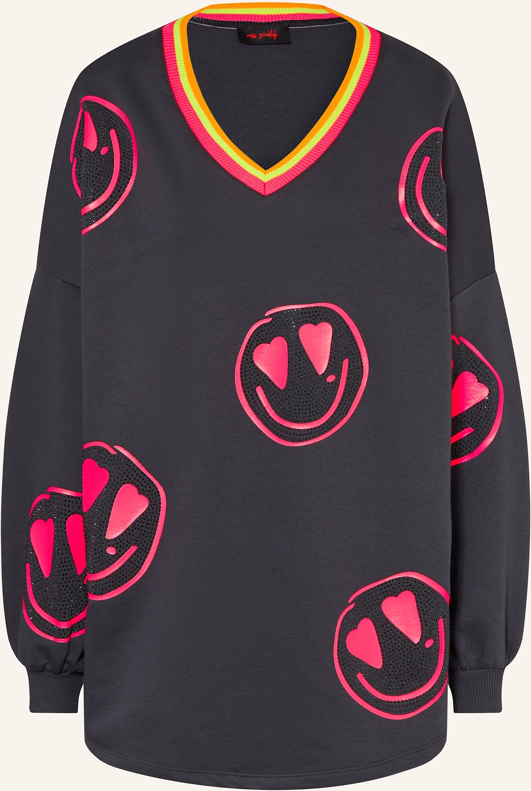 Miss Goodlife Sweatshirt Happy Face Mit Schmucksteinen grau