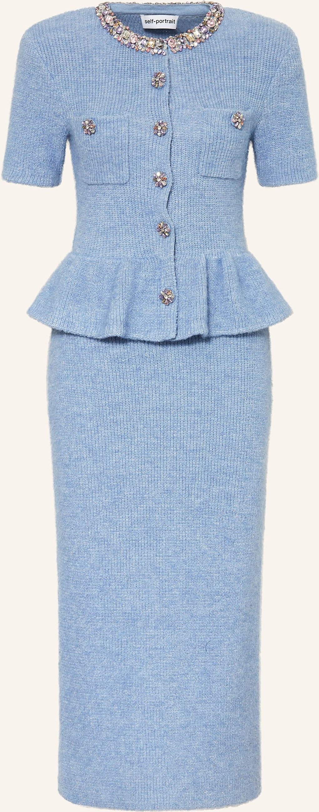 Self-Portrait Strickkleid Mit Schmucksteinen Und Glitzergarn blau