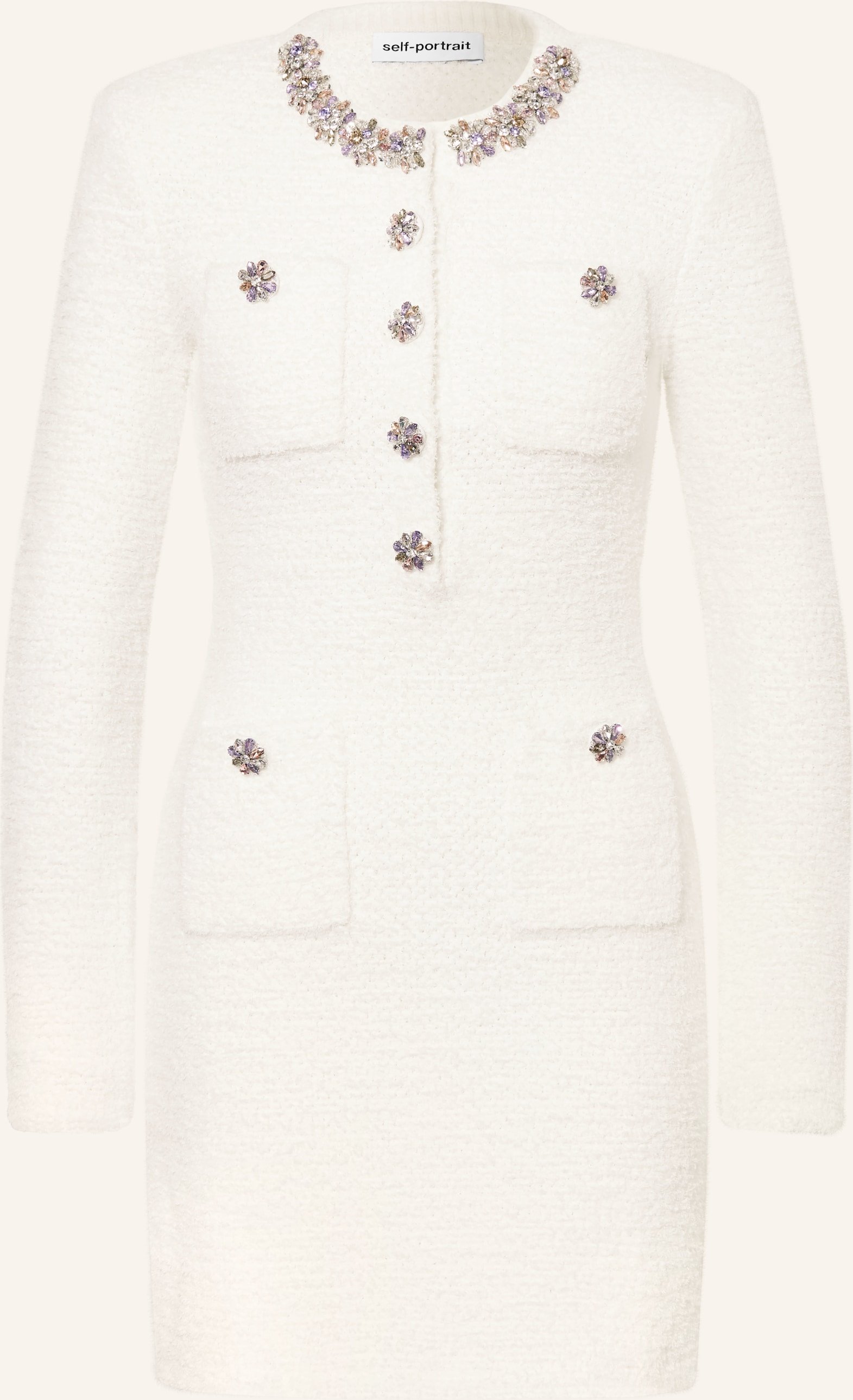 Self-Portrait Tweed-Kleid Mit Schmucksteinen weiss