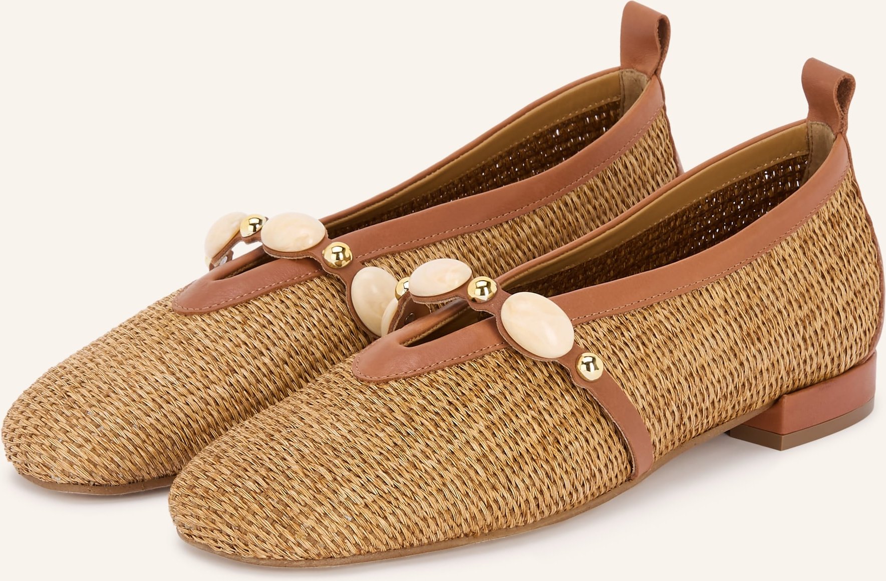 Pedro Miralles Mary-Jane-Ballerinas Rafia Ibiza Mit Schmucksteinen braun