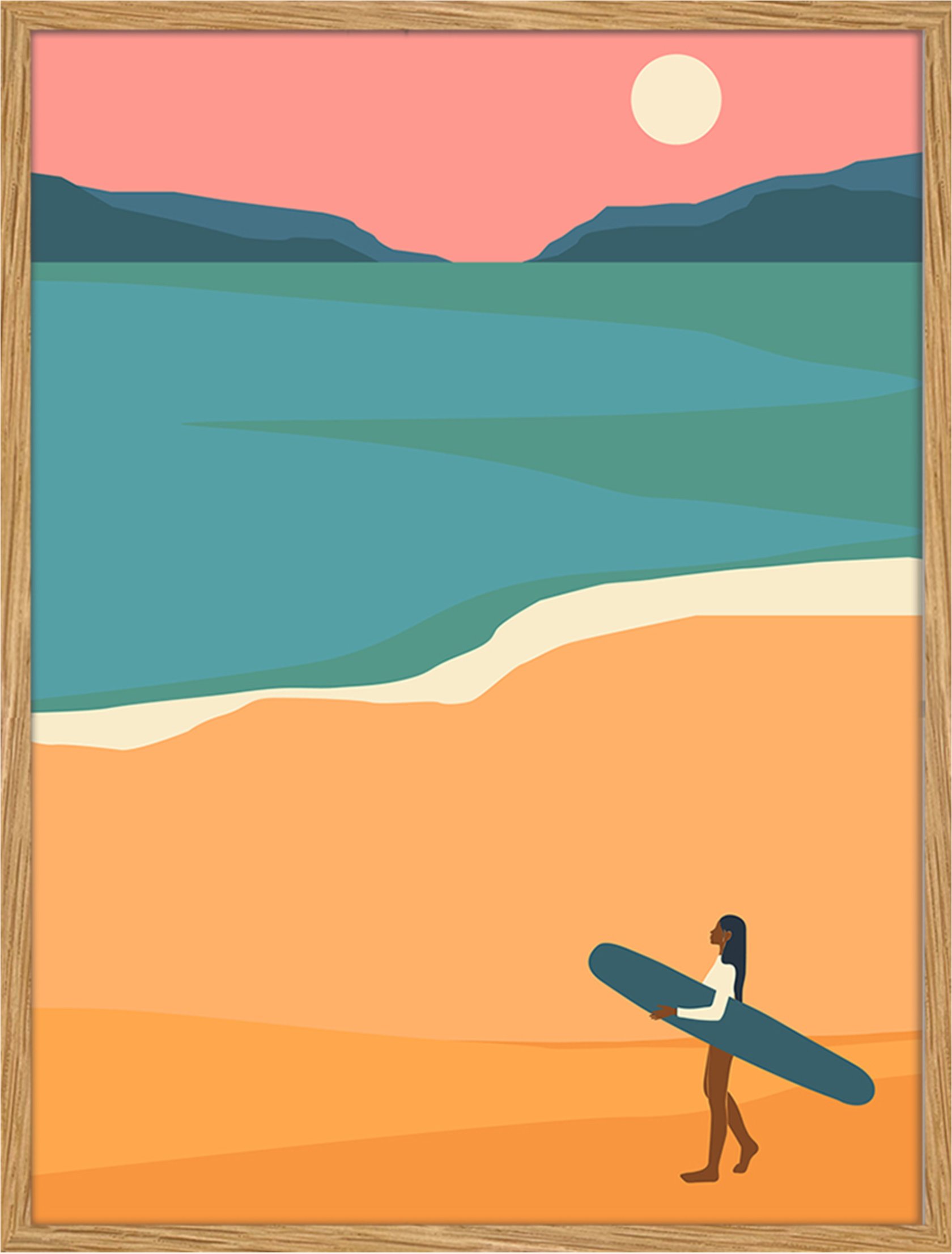 Any Image Wandbild Bunte Surfer-Illustration Mit Rahmen weiss
