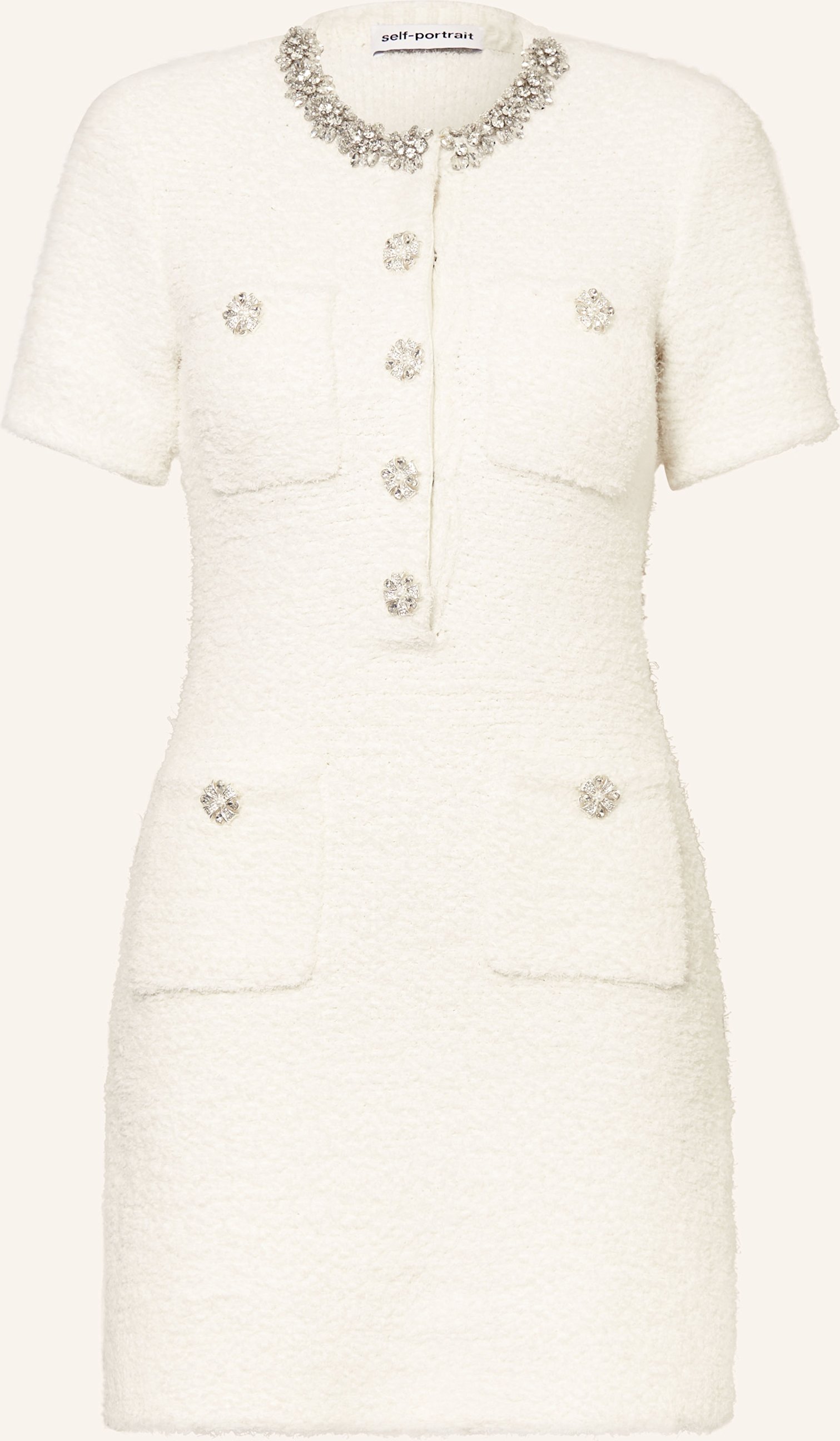 Self-Portrait Tweed-Kleid Mit Schmucksteinen weiss