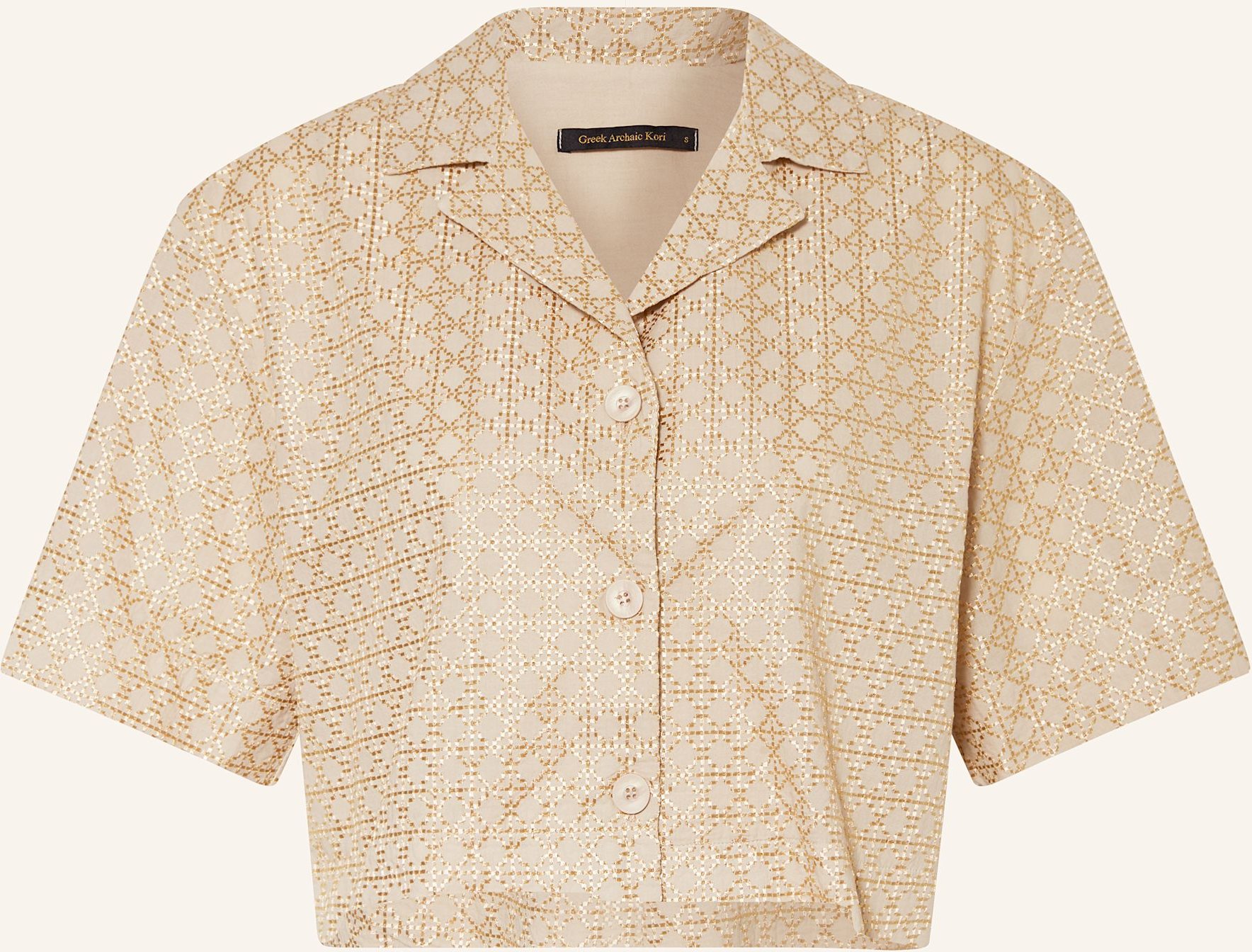 Greek Archaic Kori Cropped-Bluse Cross Mit Glitzergarn beige