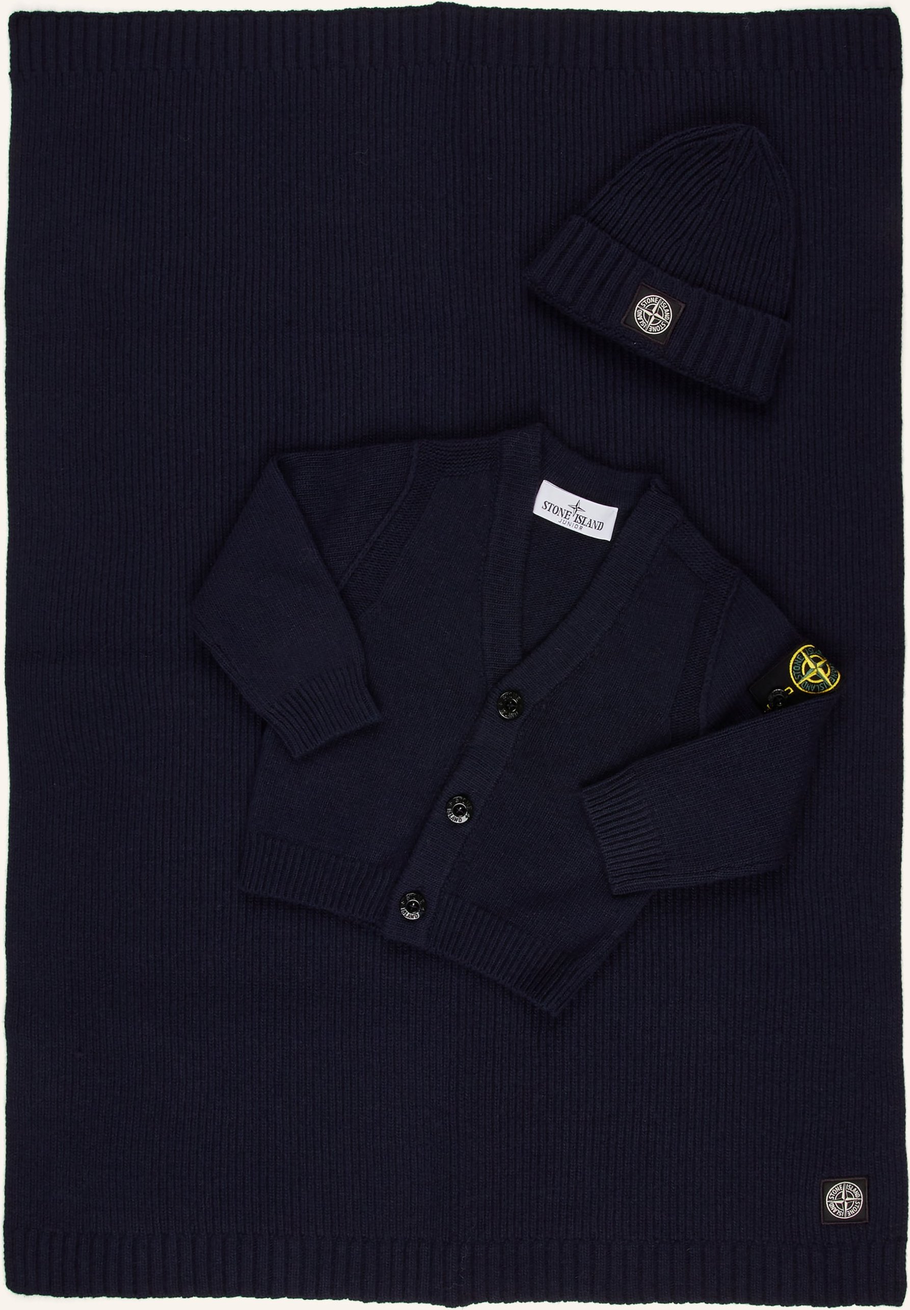Stone Island Junior Set: Strickjacke, Plaid Und Mütze blau