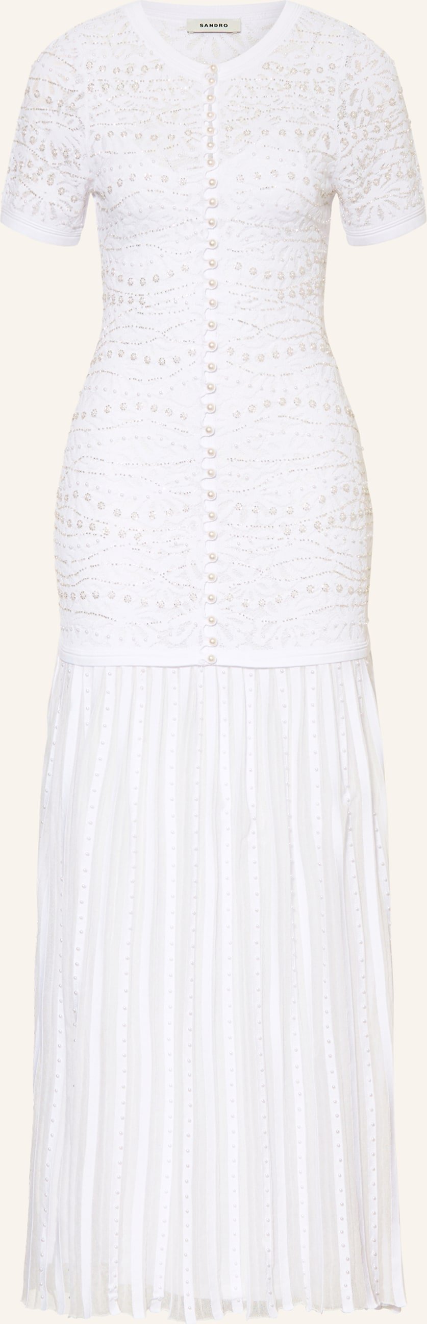 Sandro Kleid Mit Spitze Und Schmuckperlen weiss