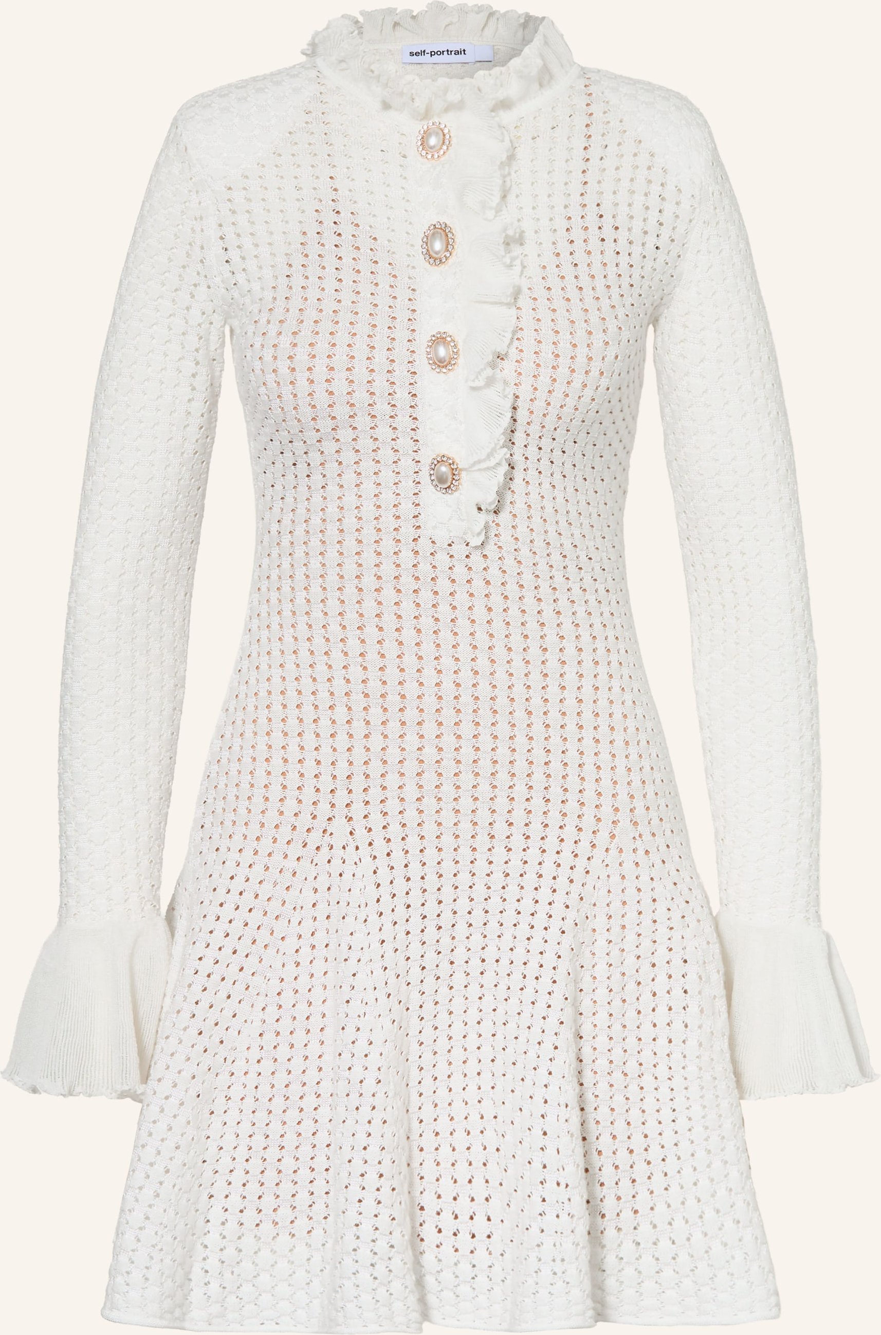 Self-Portrait Strickkleid Mit Schmucksteinen Und Rüschen weiss