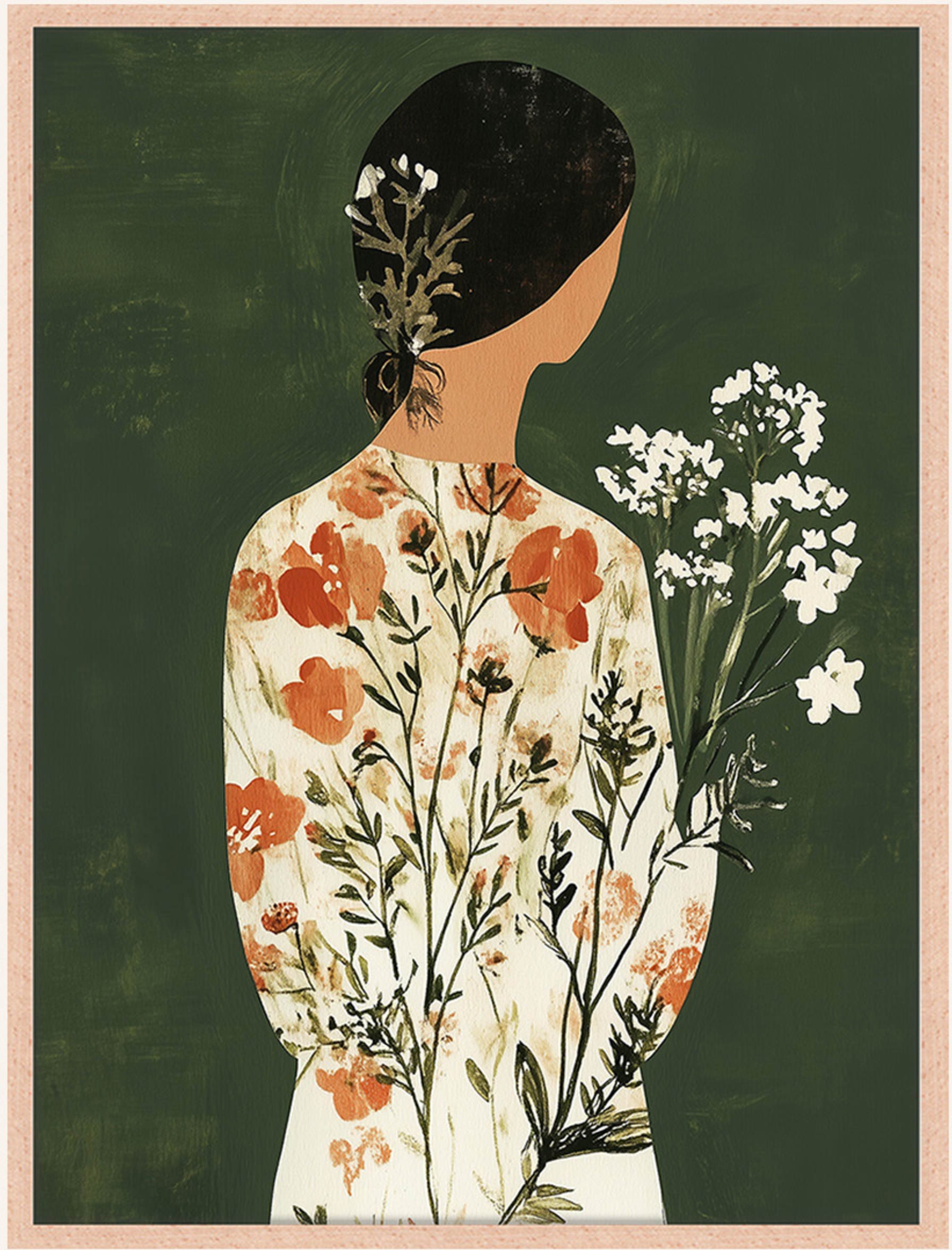 Any Image Wandbild Grüne Japandi-Blumendame Mit Rahmen braun