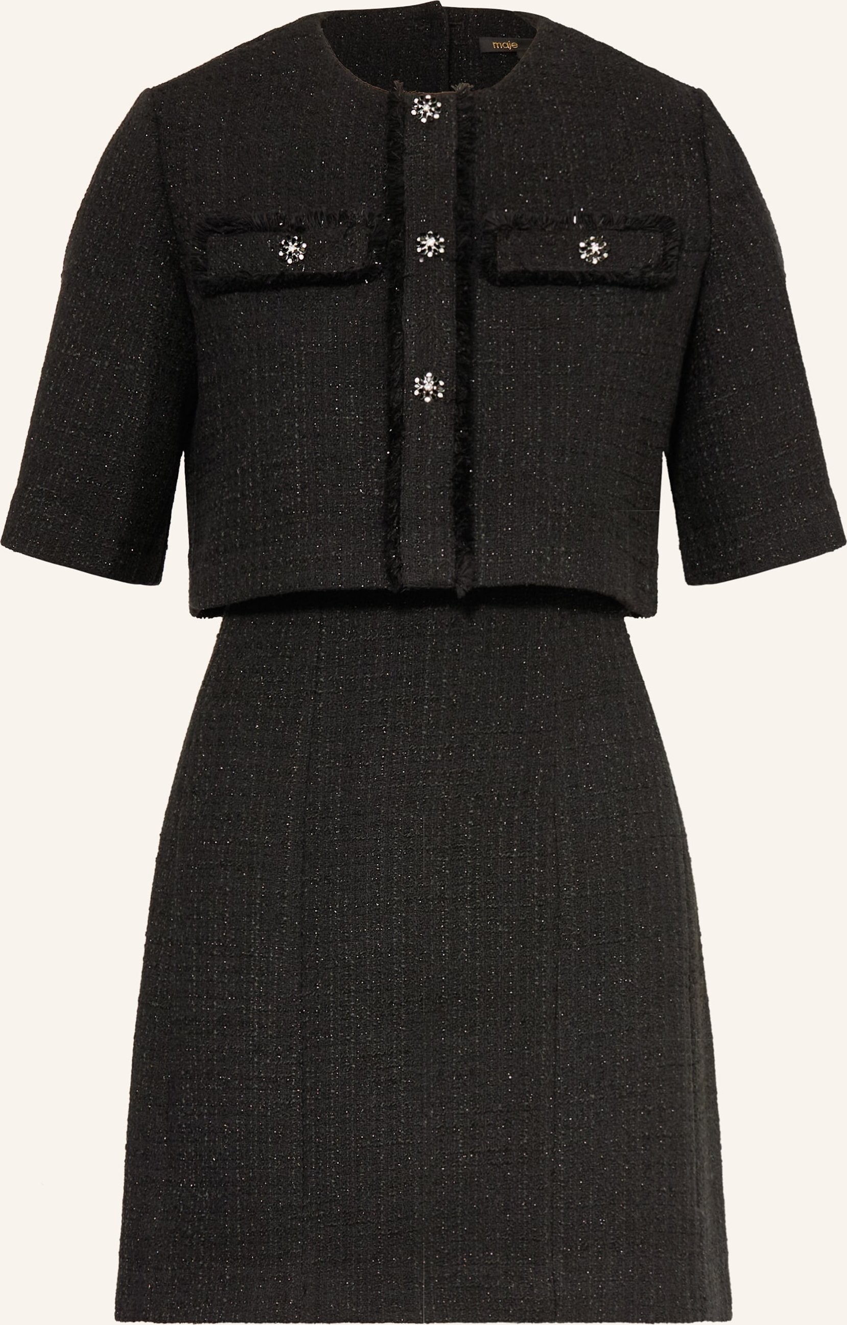 Maje Set: Tweed-Kleid Und Tweed-Jacke Mit Glitzergarn Und Schmucksteinen schwarz