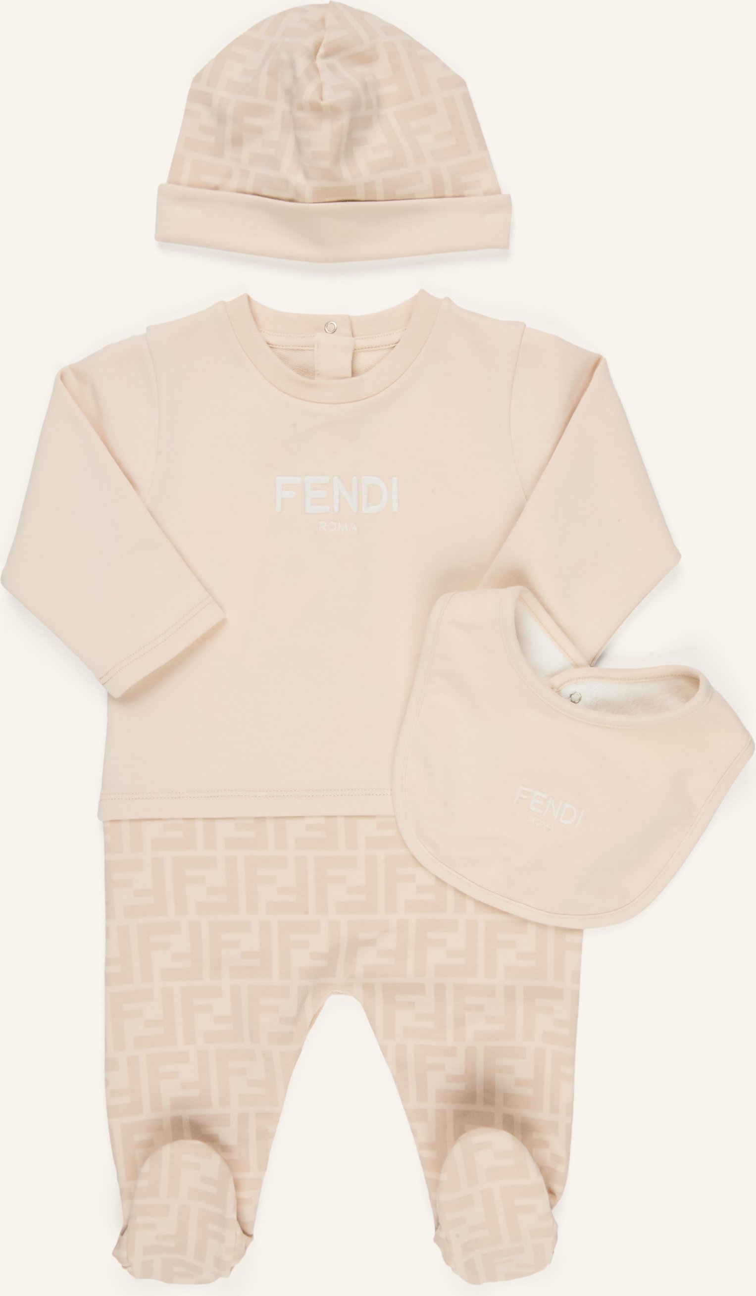 Fendi Set: Strampler, Mütze Und Latz beige