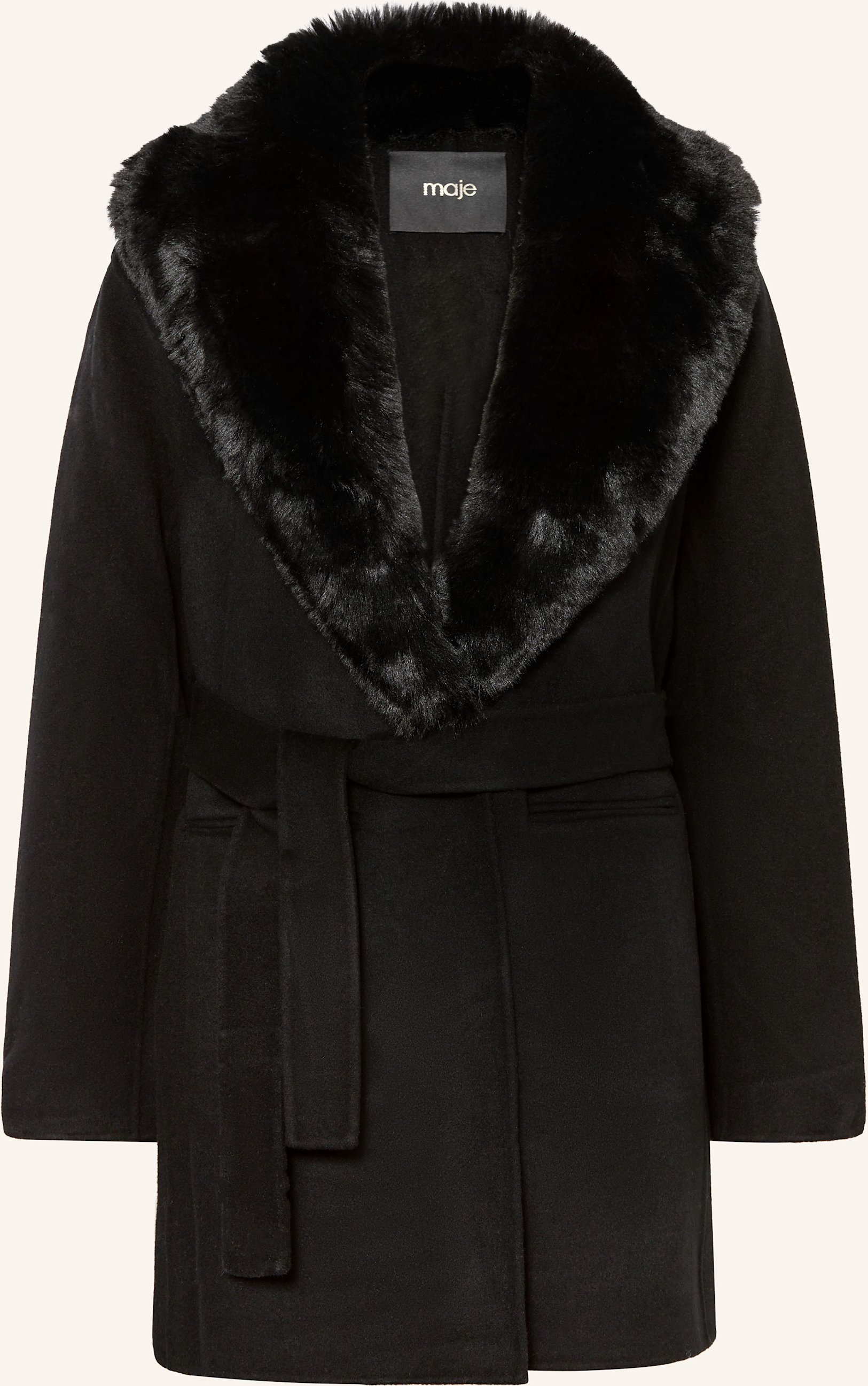 Maje Wollmantel Mit Kunstfell schwarz