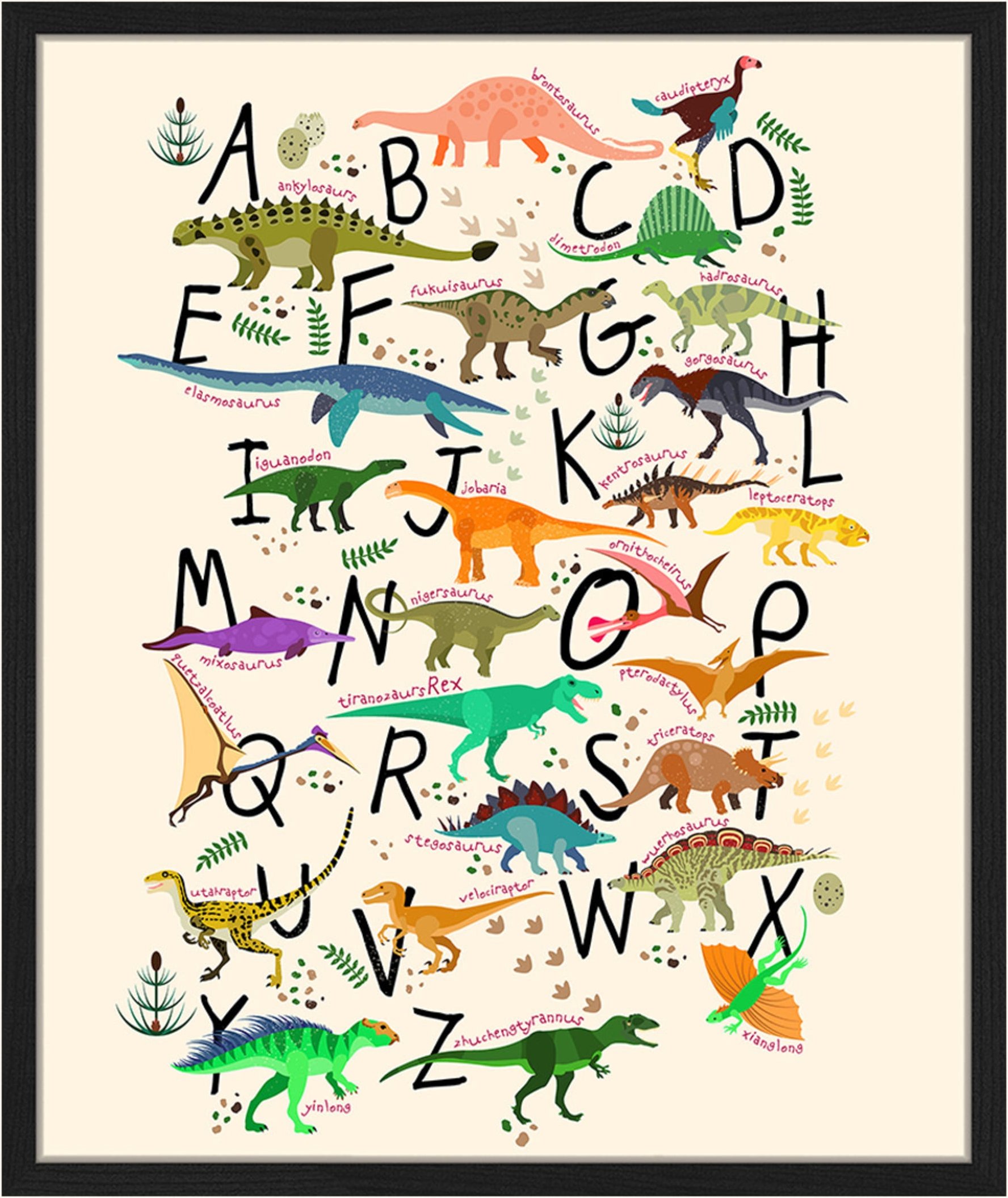 Milan Moon Wandbild Dinosaurier-Alphabet Mit Rahmen schwarz