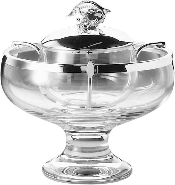 Robbe & Berking Tafelgeräte 925 Sterling Silber Kaviarschale aus Kristallglas mit Silberdeckel und Silberbeschlag d: 17 ...