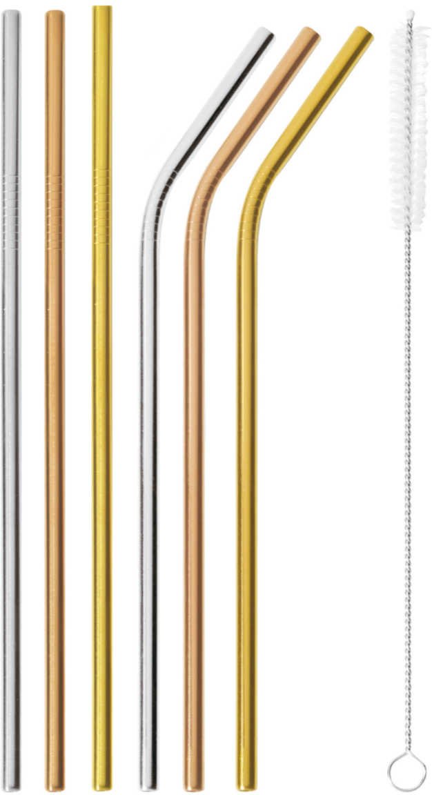 Sambonet Mix & Play - Edelstahl / PVD Mix Trinkhalm Set 6-tlg. mit Reinigungsbürste