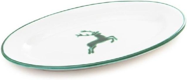 Gmundner Keramik Grüner Hirsch Platte oval mit Fahne Gourmet 21x14x2,1 cm