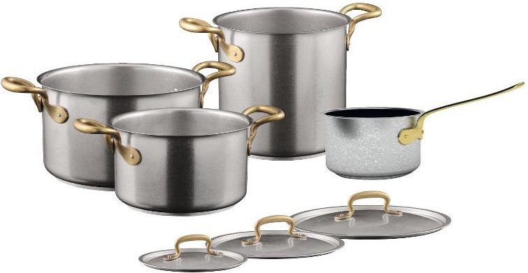 Sambonet 1965 Vintage - Edelstahl matt 18/10 Kochgeschirr-Set.,Messinggriffe 7-tlg.
