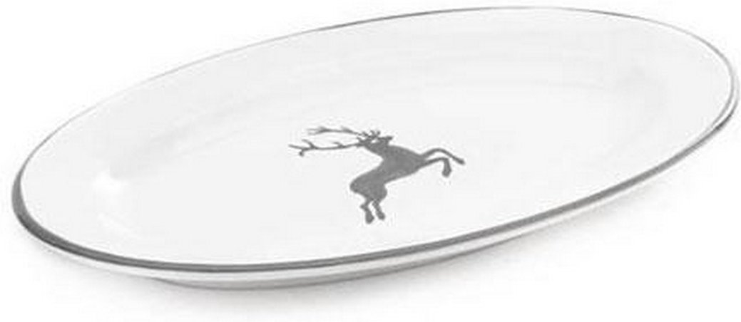 Gmundner Keramik Grauer Hirsch Platte oval mit Fahne Gourmet 21x14x2,1 cm
